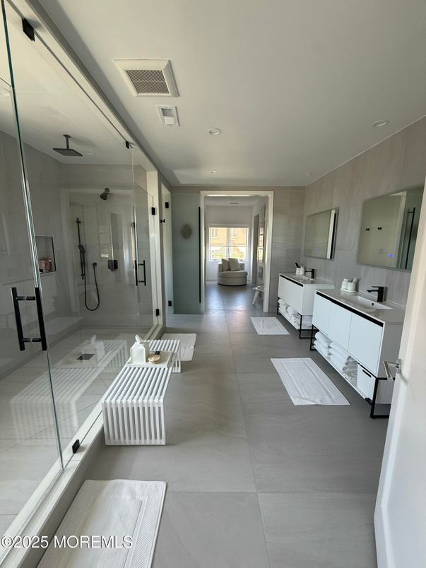 Bathroom, Dual Sink Vanities, Glass Shower, Interior, Recessed Lighting