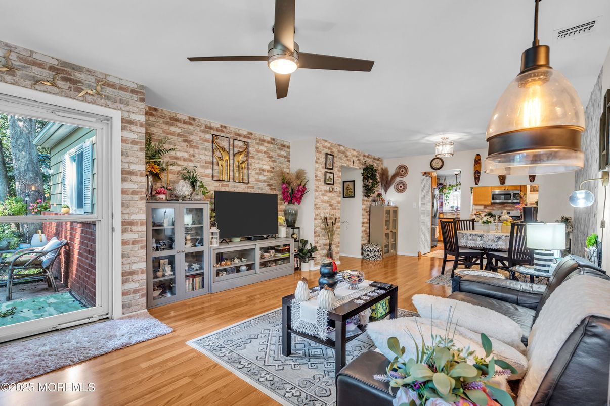 Dining room, Interior, Living room, Stone Walls, Wood Texture Flooring