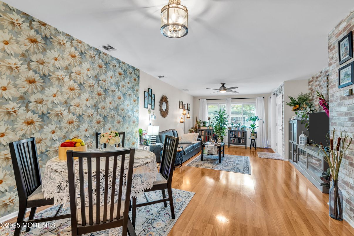 Dining room, Interior, Living room, Stone Walls, Wood Texture Flooring