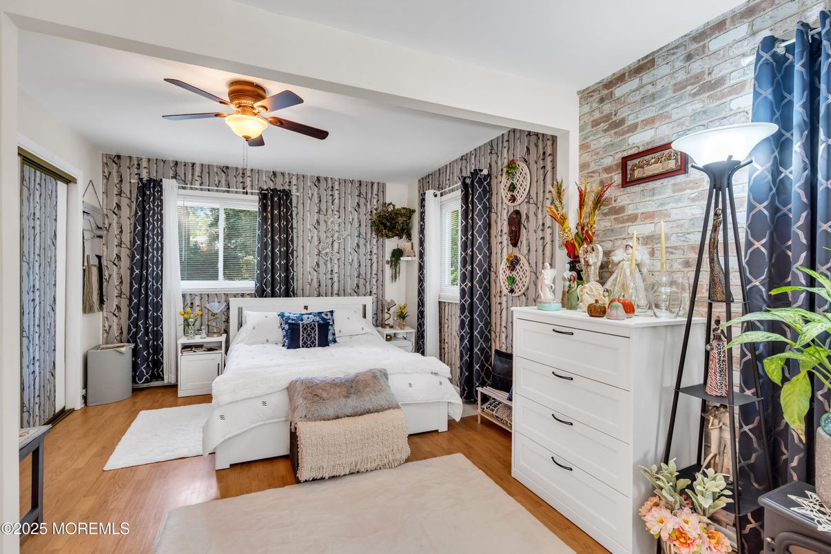 Bedroom, Interior, Stone Walls, Wood Texture Flooring