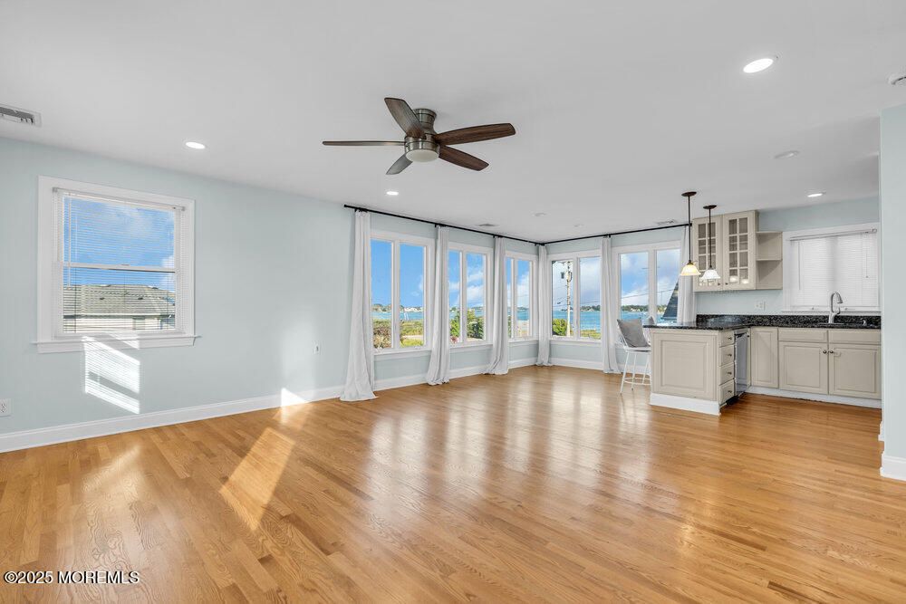 Empty room, Interior, Kitchen, Pendant Lights, Recessed Lighting, Wood Texture Flooring