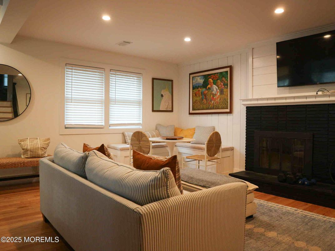 Fireplace, Interior, Living room, Recessed Lighting, Wood Texture Flooring