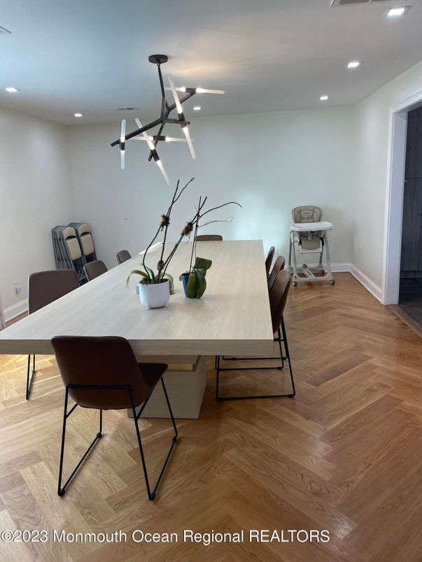 Dining room, Interior, Pendant Lights, Recessed Lighting, Wood Texture Flooring