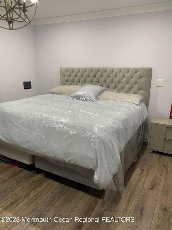 Bedroom, Chandelier, Interior, Wood Texture Flooring