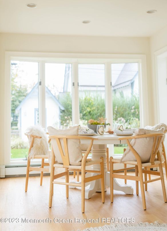 Dining room, Interior, Recessed Lighting, Wood Texture Flooring