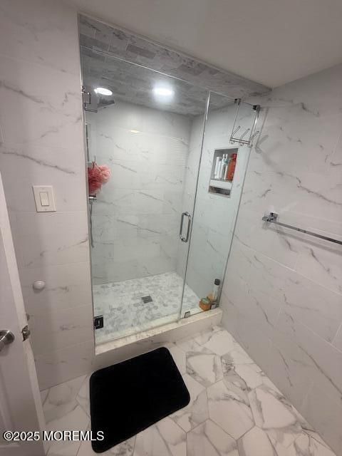 Bathroom, Glass Shower, Interior, Marble, Marble Walls, Recessed Lighting