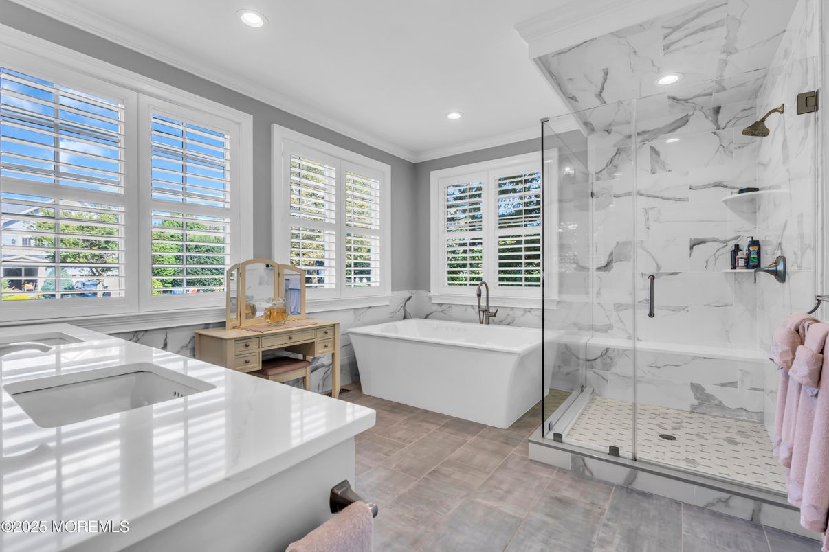 Bathroom, Free Standing Baths, Glass Shower, Interior, Marble Walls, Recessed Lighting