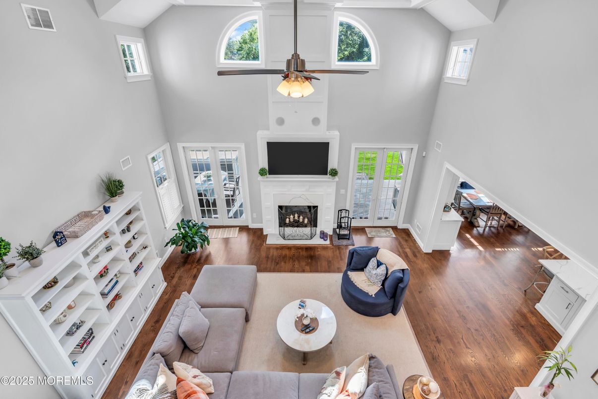 Fireplace, Interior, Living room, Pendant Lights, Wood Texture Flooring
