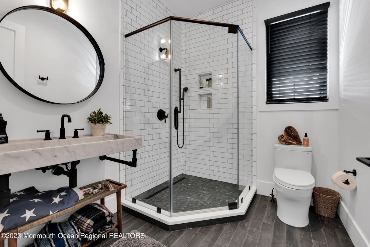 Bathroom, Glass Shower, Interior, Wood Texture Flooring