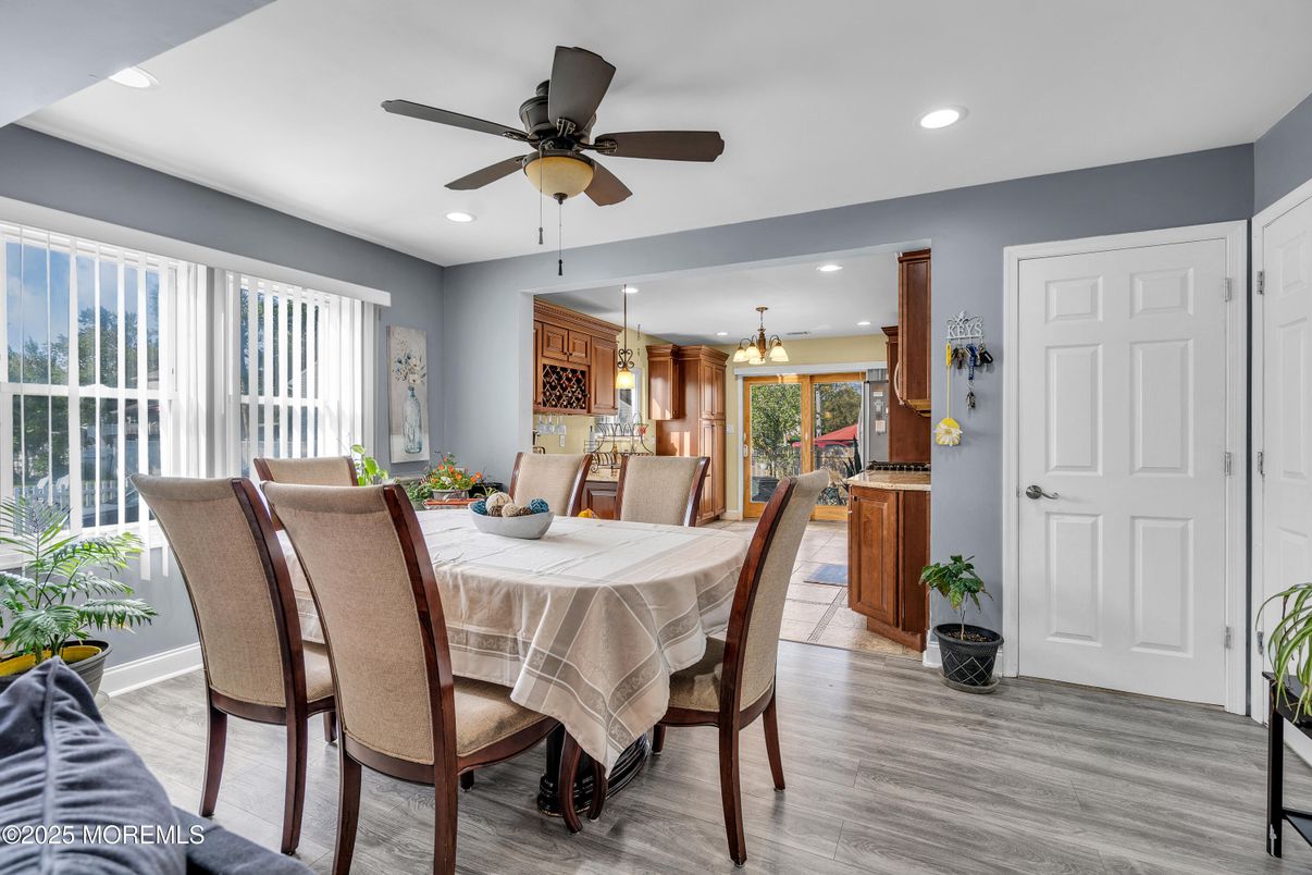 Dining room, Interior, Recessed Lighting, Wood Texture Flooring