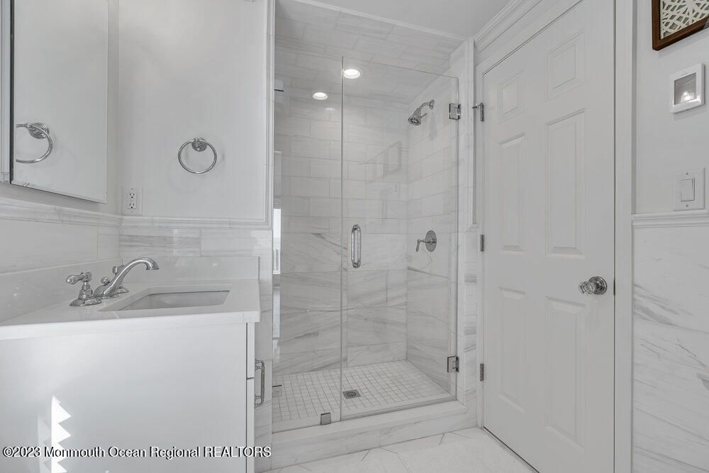 Bathroom, Glass Shower, Interior, Marble, Marble Walls, Recessed Lighting