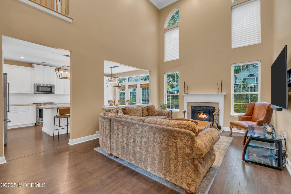 Fireplace, Interior, Kitchen, Living room, Pendant Lights, Recessed Lighting, Wood Texture Flooring