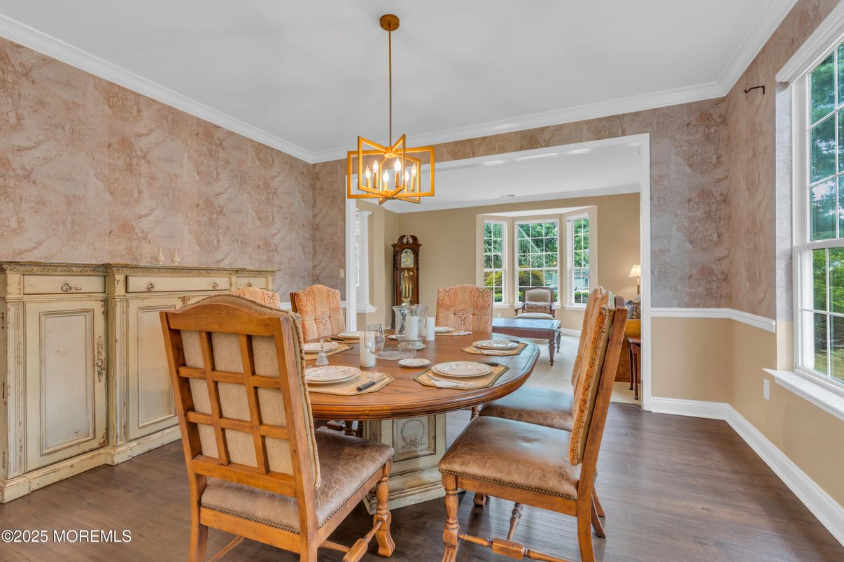 Dining room, Interior, Pendant Lights, Wood Texture Flooring