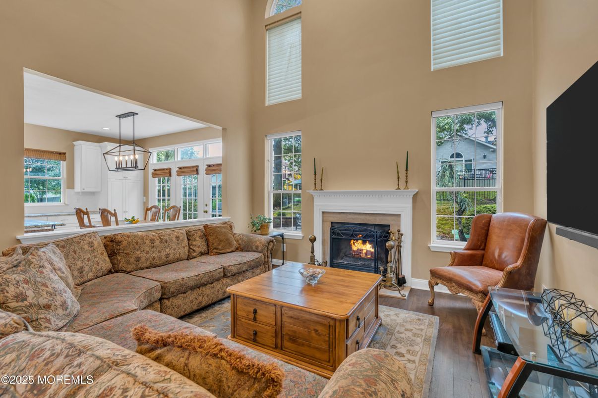 Dining room, Fireplace, Interior, Living room, Pendant Lights, Wood Texture Flooring