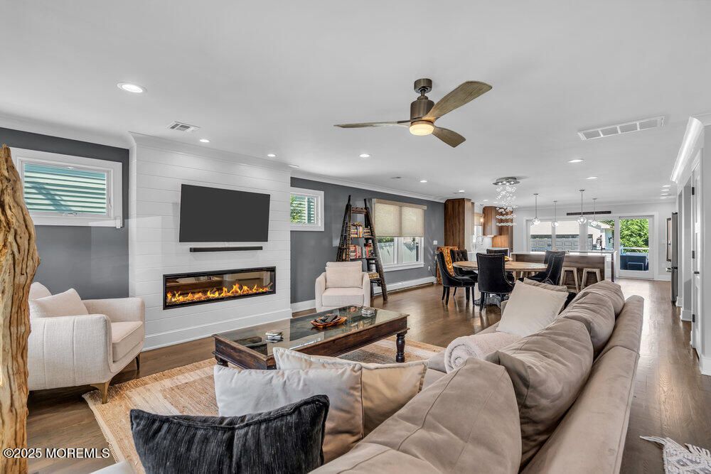 Dining room, Fireplace, Interior, Kitchen, Living room, Pendant Lights, Recessed Lighting, Wood Texture Flooring