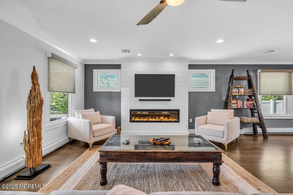 Fireplace, Interior, Living room, Recessed Lighting, Wood Texture Flooring