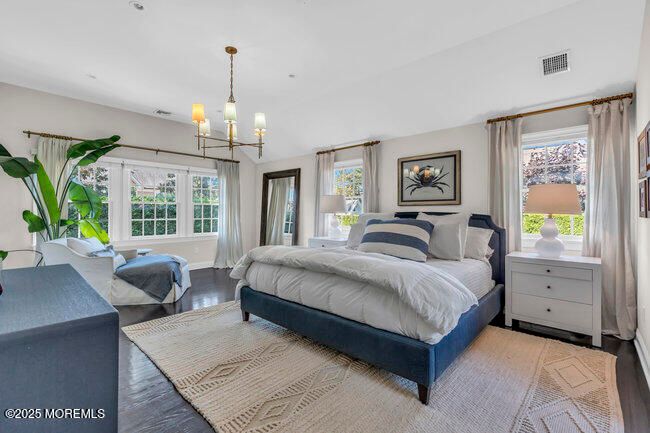 Bedroom, Chandelier, Interior, Recessed Lighting, Wood Texture Flooring