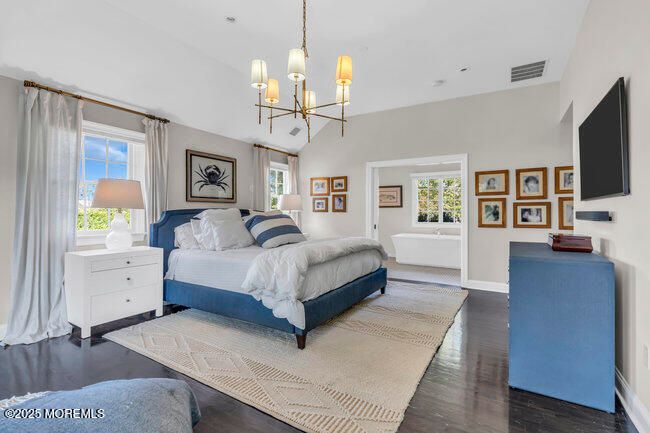Bedroom, Chandelier, Interior, Pendant Lights, Wood Texture Flooring