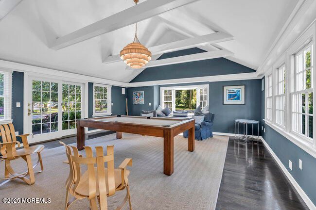 Billiard Table, Chandelier, Game Room, Interior, Wood Texture Flooring