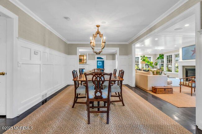 Chandelier, Dining room, Fireplace, Interior, Living room, Recessed Lighting