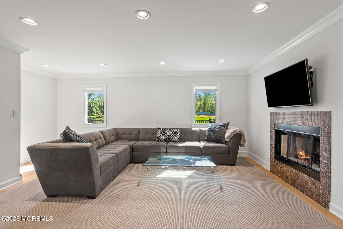 Fireplace, Interior, Living room, Recessed Lighting, Wood Texture Flooring