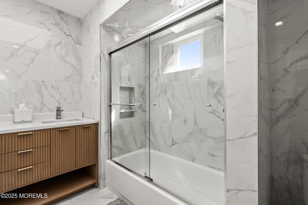 Bathroom, Glass Shower, Interior, Marble, Marble Walls, Recessed Lighting