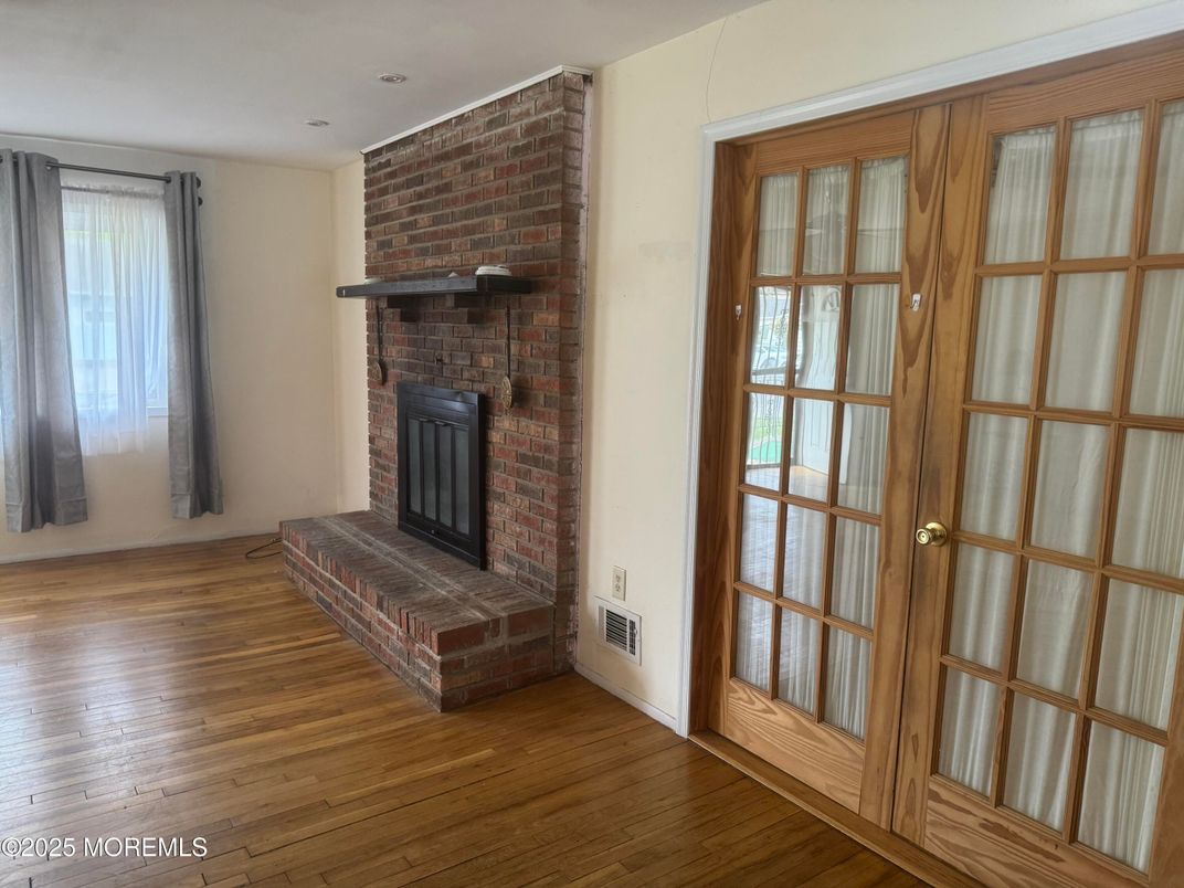 Empty room, Fireplace, Interior, Stone Walls, Wood Texture Flooring