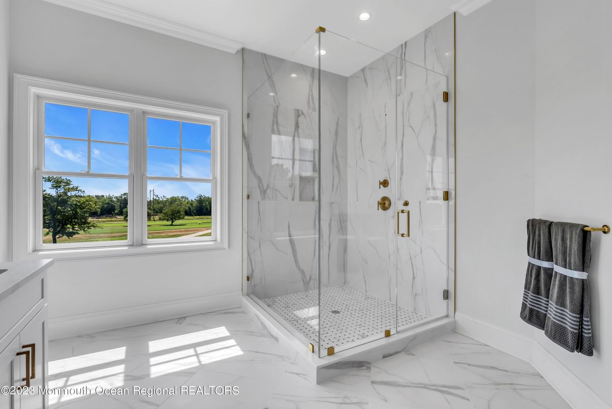 Bathroom, Glass Shower, Interior, Marble, Marble Walls, Recessed Lighting