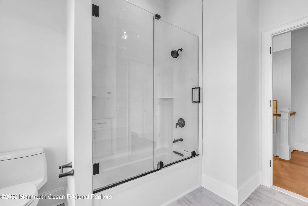 Bathroom, Glass Shower, Interior, Wood Texture Flooring