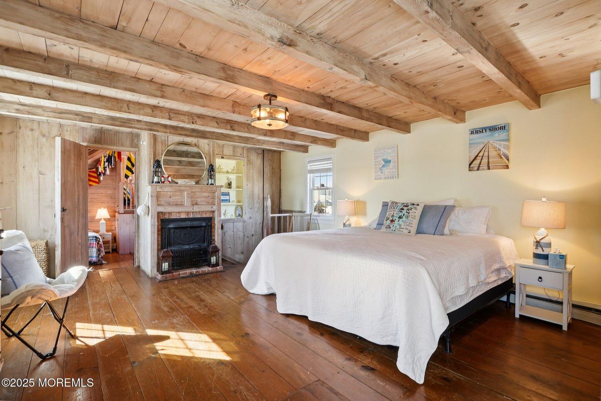 Bedroom, Fireplace, Interior, Wooden Beams, Wooden Ceilings, Wood Texture Flooring, Wooden Walls