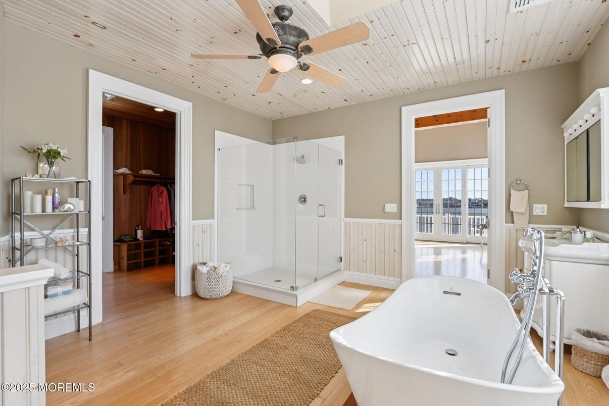 Bathroom, Free Standing Baths, Glass Shower, Interior, Recessed Lighting, Wooden Ceilings, Wood Texture Flooring