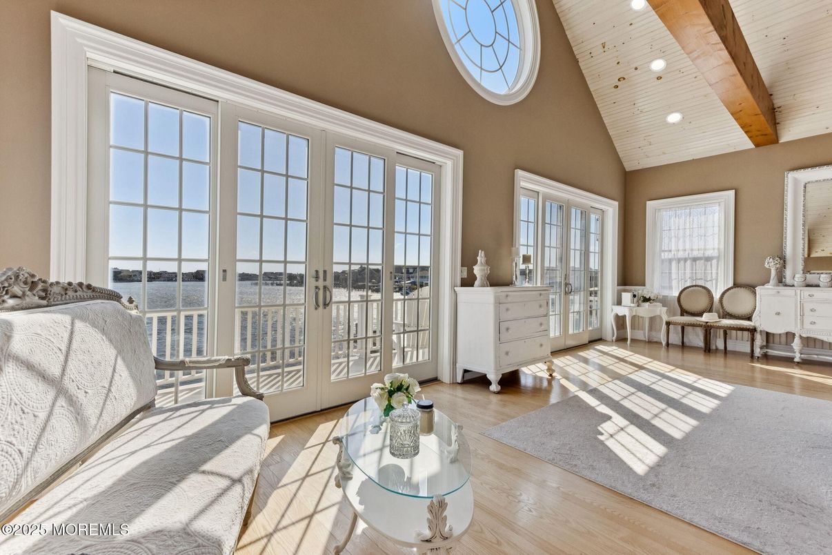 Interior, Living room, Recessed Lighting, Water, Wooden Beams, Wooden Ceilings, Wood Texture Flooring