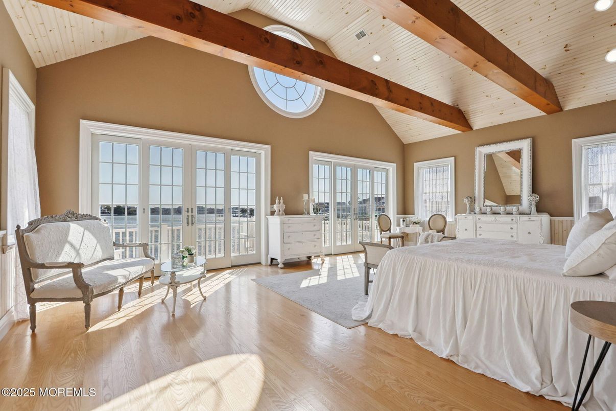 Bedroom, Interior, Recessed Lighting, Wooden Beams, Wood Texture Flooring