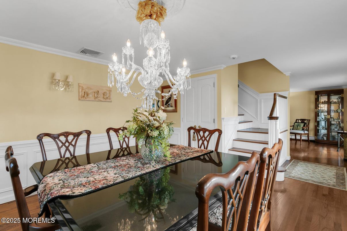 Chandelier, Dining room, Interior, Wood Texture Flooring