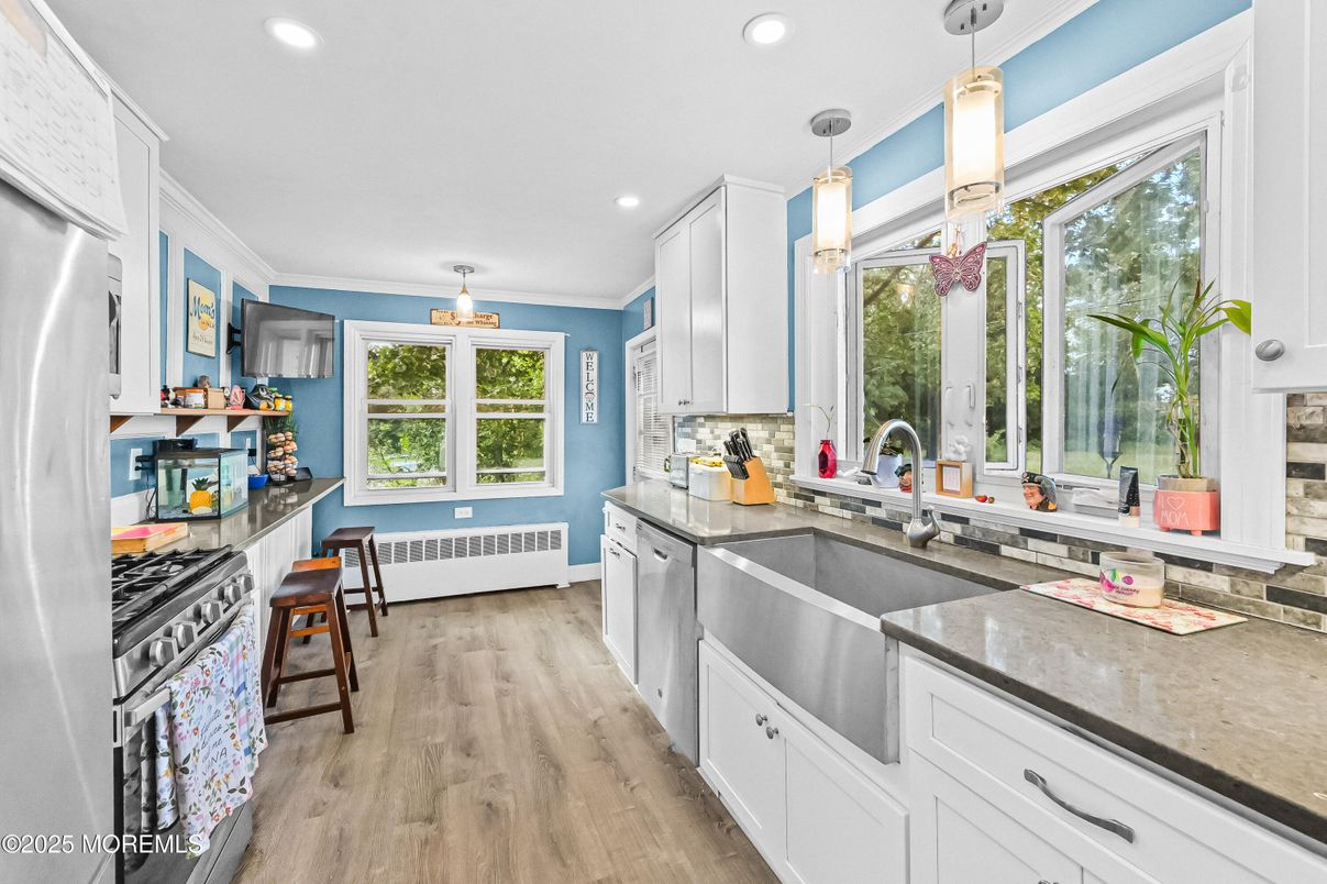 Interior, Kitchen, Pendant Lights, Recessed Lighting, Stainless Steel Appliances, Wood Texture Flooring