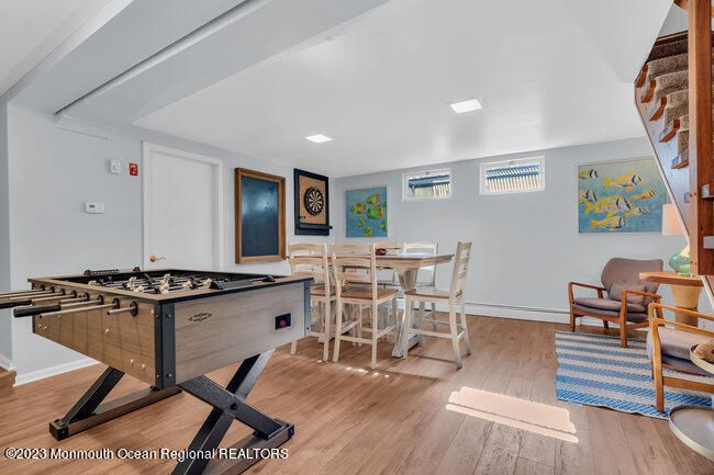 Dining room, Game Room, Interior, Recessed Lighting, Wood Texture Flooring