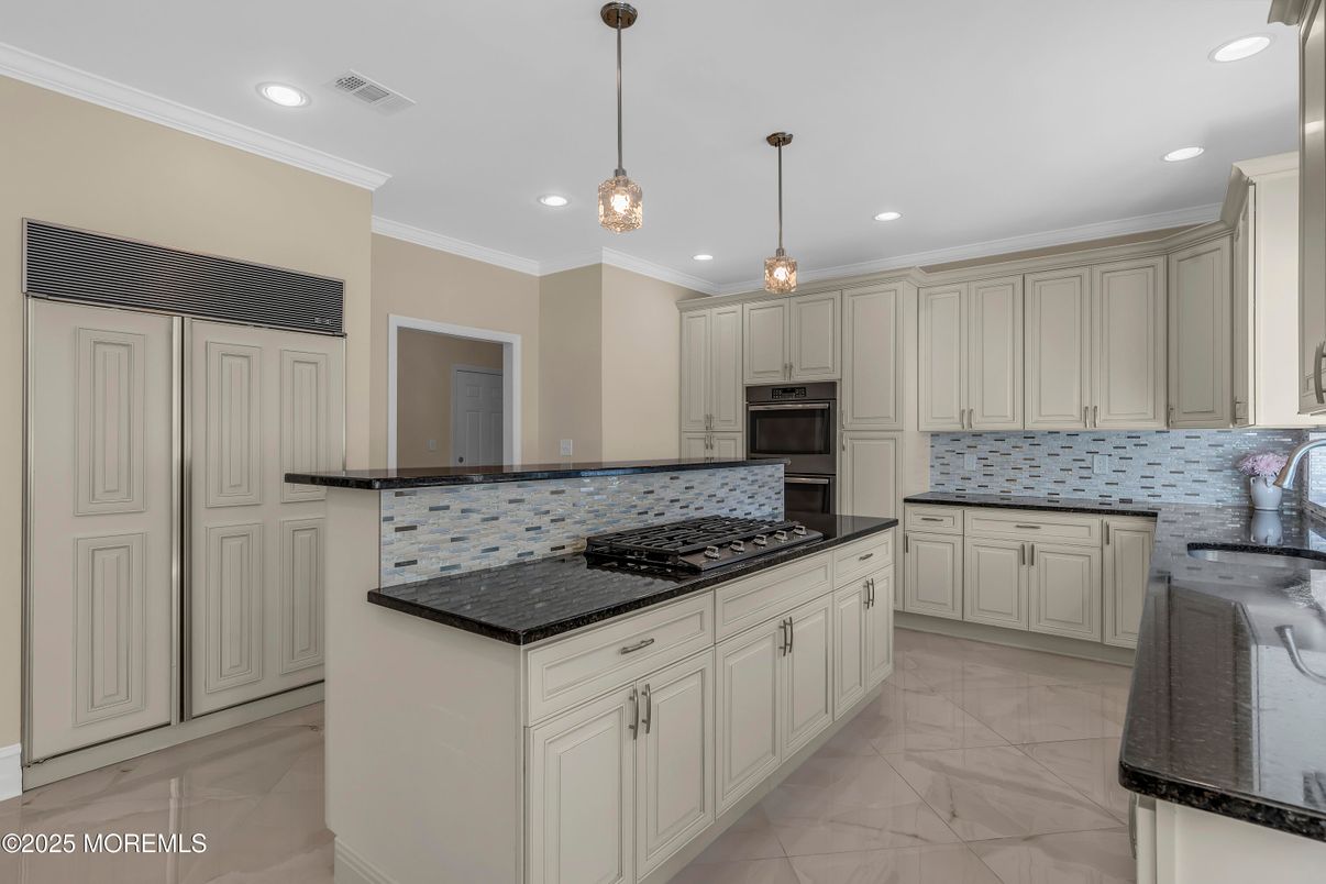 Interior, Kitchen, Marble, Pendant Lights, Recessed Lighting, Stainless Steel Appliances