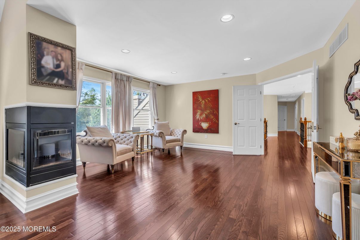 Fireplace, Interior, Living room, Recessed Lighting, Wood Texture Flooring