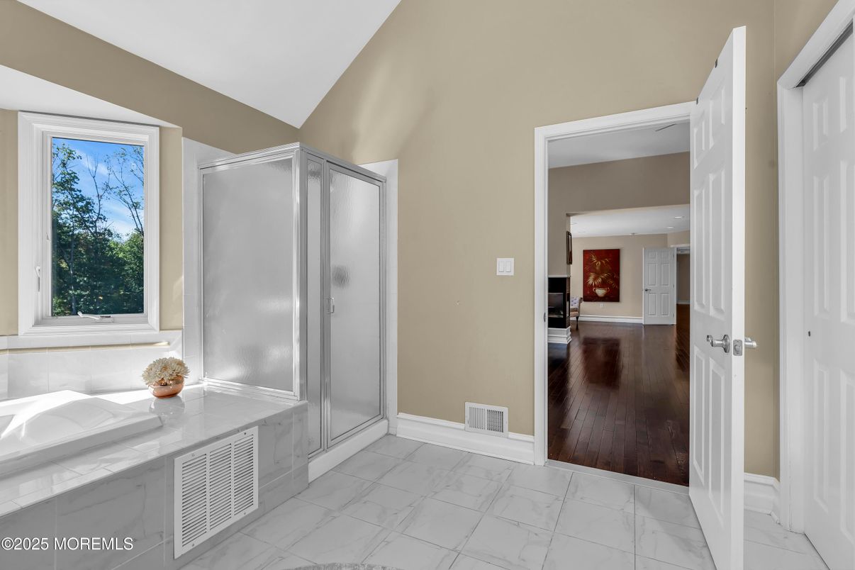 Bathroom, Glass Shower, Interior, Marble, Recessed Lighting, Wood Texture Flooring