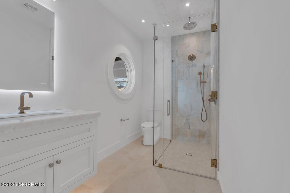 Bathroom, Glass Shower, Interior, Marble Walls, Recessed Lighting