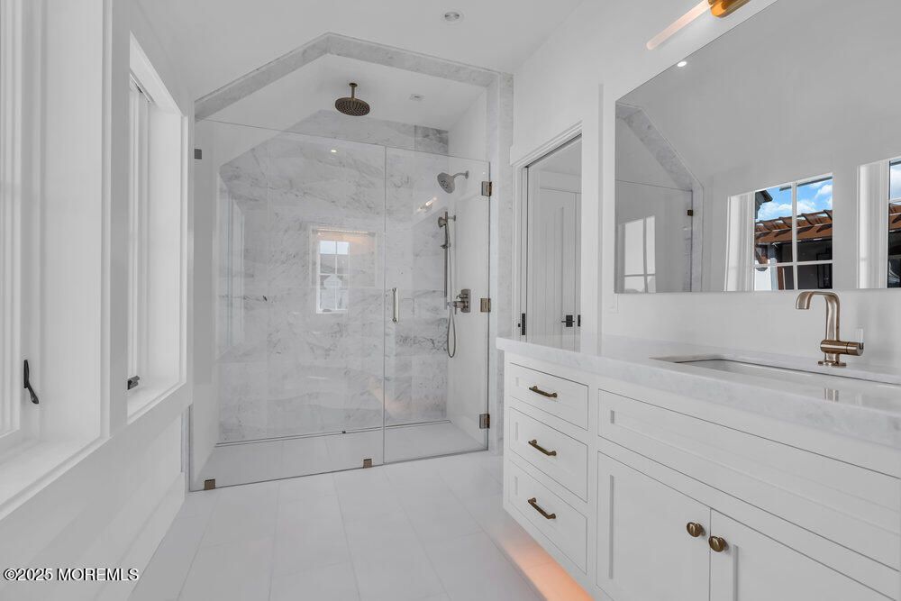 Bathroom, Glass Shower, Interior, Marble Walls, Recessed Lighting