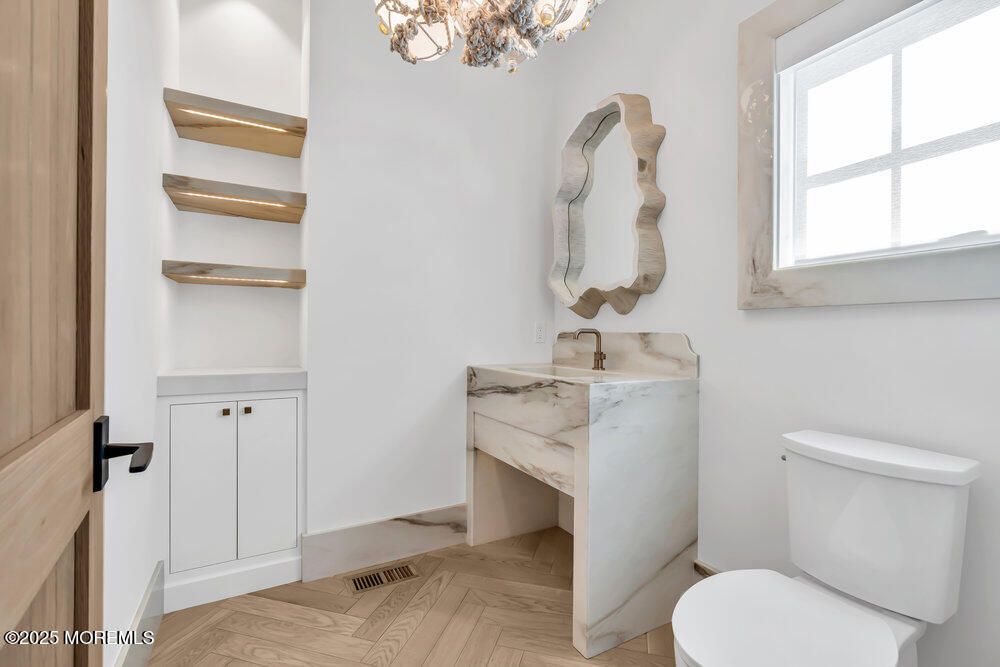 Bathroom, Chandelier, Interior, Wood Texture Flooring