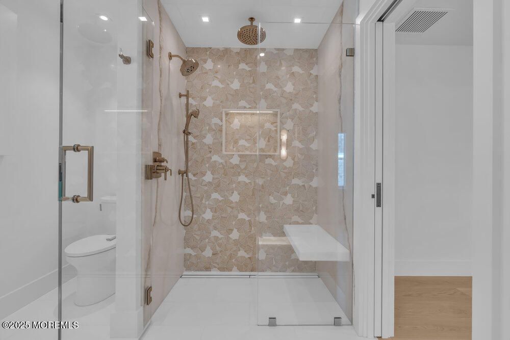 Bathroom, Glass Shower, Interior, Recessed Lighting, Wood Texture Flooring