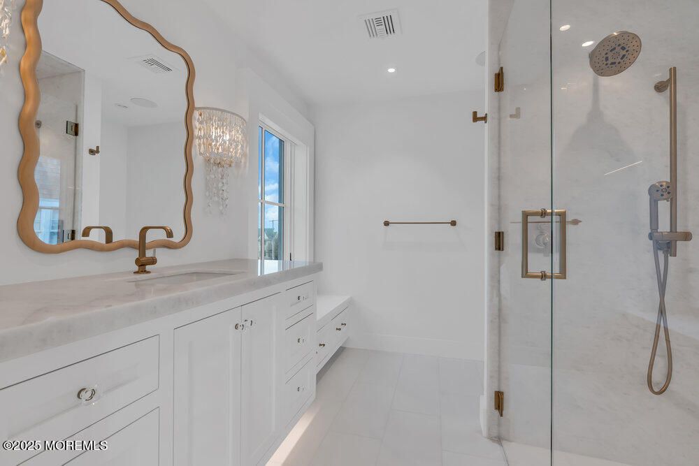 Bathroom, Chandelier, Dual Sink Vanities, Glass Shower, Interior, Recessed Lighting