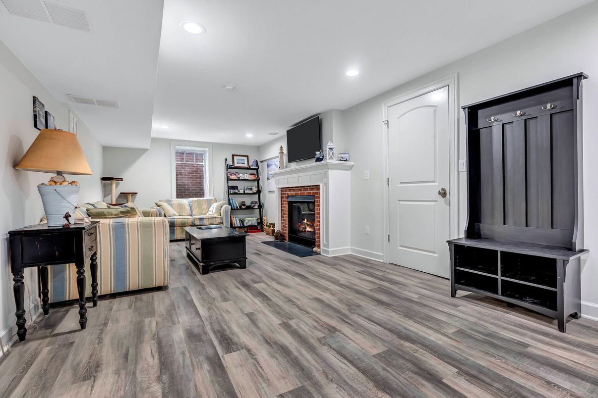 Fireplace, Interior, Living room, Recessed Lighting, Wood Texture Flooring