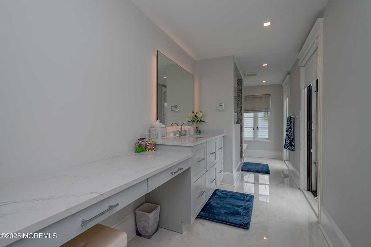 Bathroom, Dual Sink Vanities, Interior, Marble, Recessed Lighting