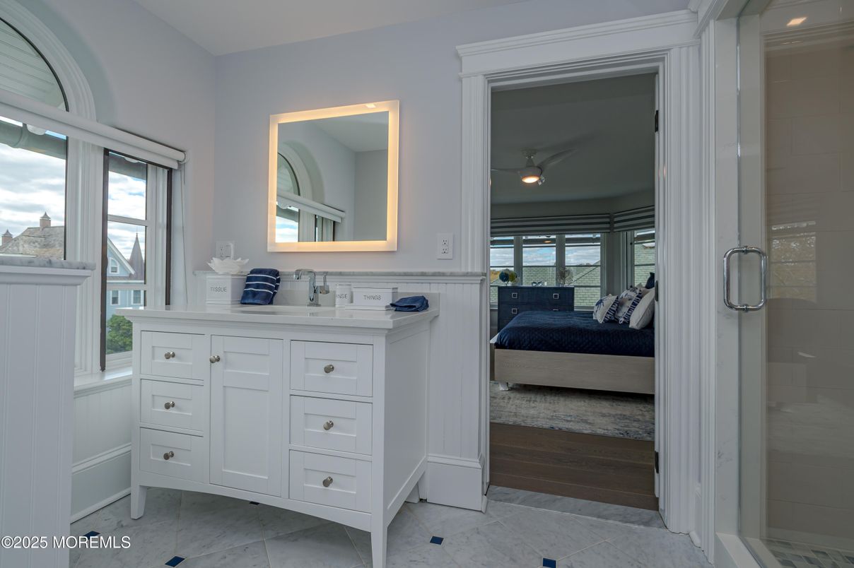 Bathroom, Bedroom, Glass Shower, Interior, Marble, Recessed Lighting, Water, Wood Texture Flooring