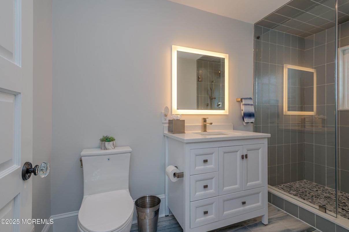 Bathroom, Glass Shower, Interior, Wood Texture Flooring