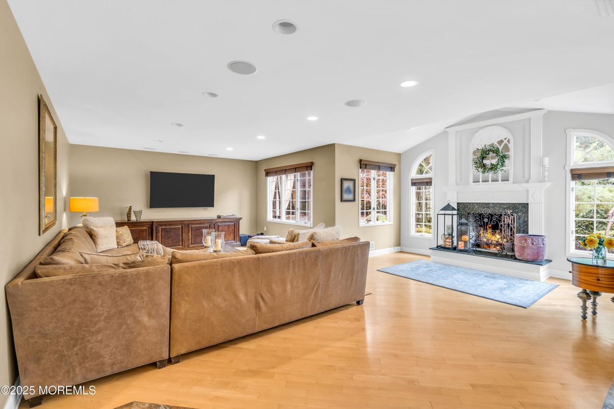 Fireplace, Interior, Living room, Recessed Lighting, Wood Texture Flooring