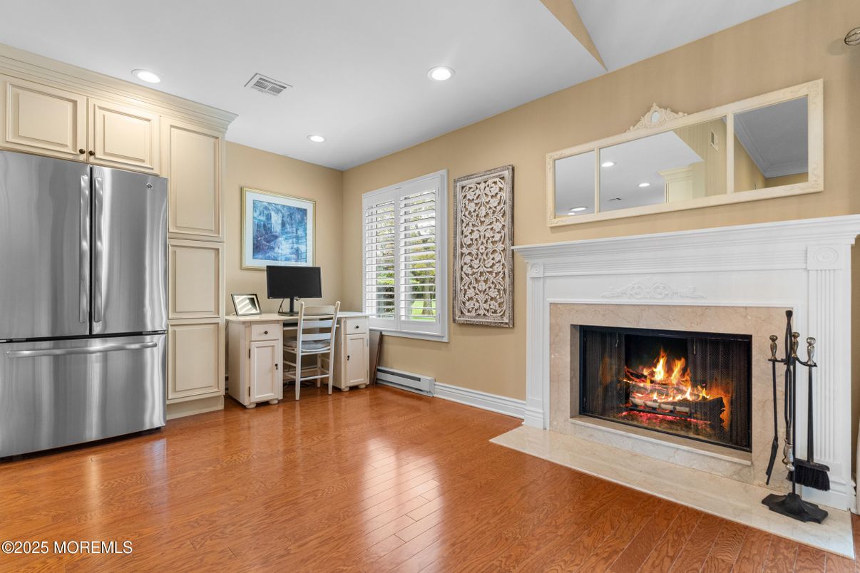 Fireplace, Home Office, Interior, Recessed Lighting, Wood Texture Flooring